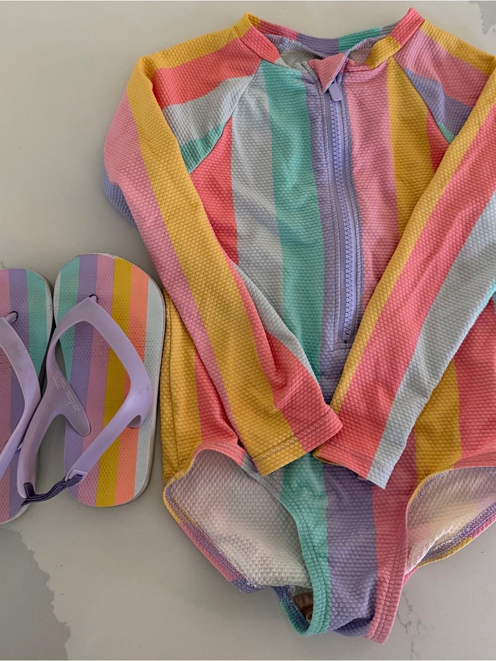 Kids Rainbow Stripe Long-Sleeve One-Piece Swimsuit - Multi